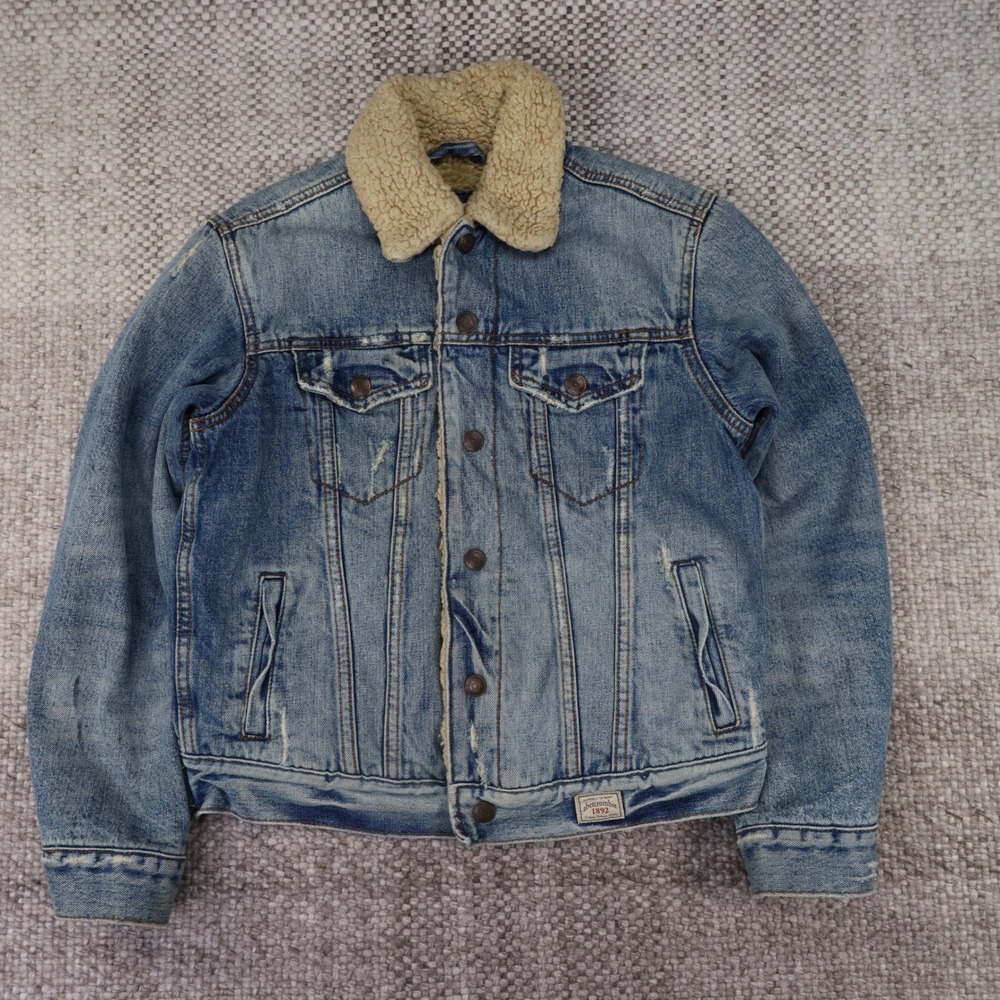 Abercrombie & Fitch Sherpa Lined Denim Trucker Jacket Medium Wash Distressed M